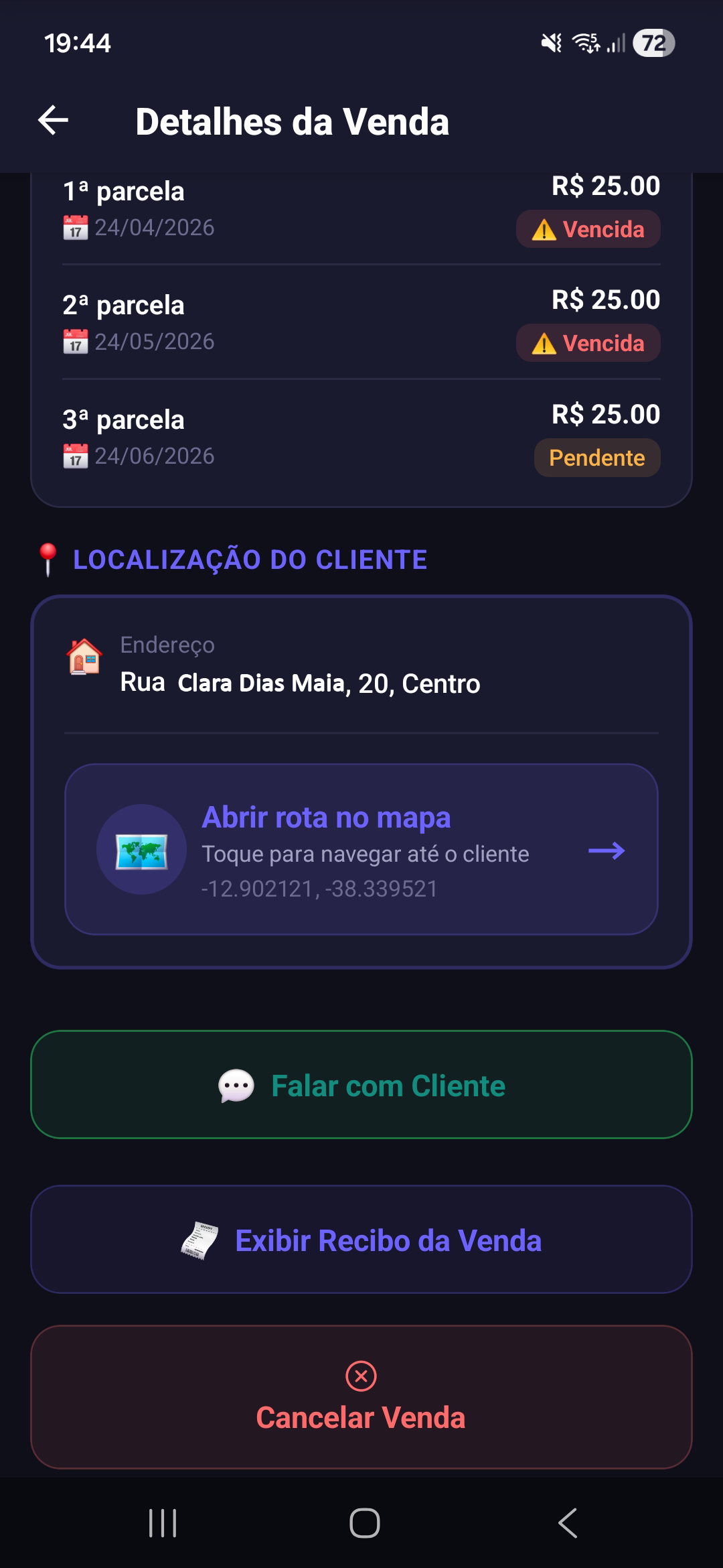 Rota PDV - Tela Secundária do App